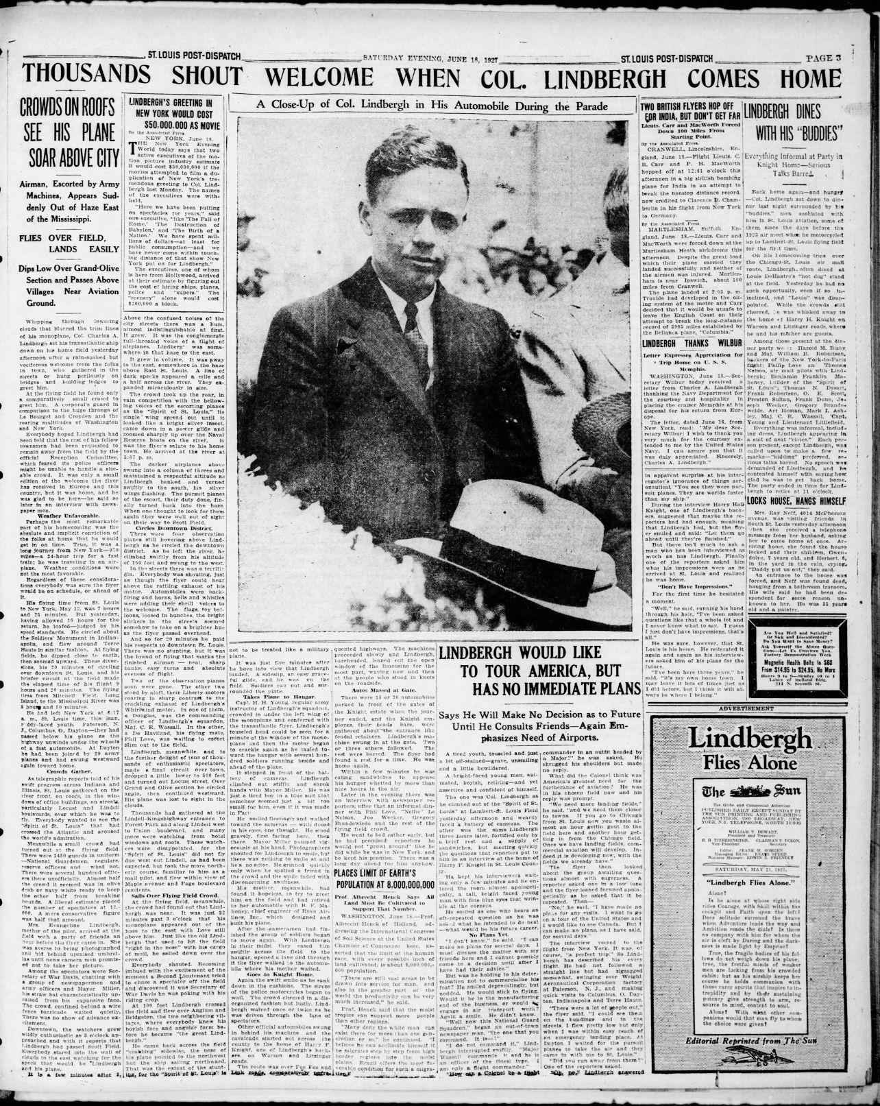 June 18, 1927 - Thousands cheer for Lindbergh